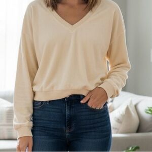 Beyond Yoga Tropez Terry Cloth V-Neck Sweatshirt - Vintage White (XL)